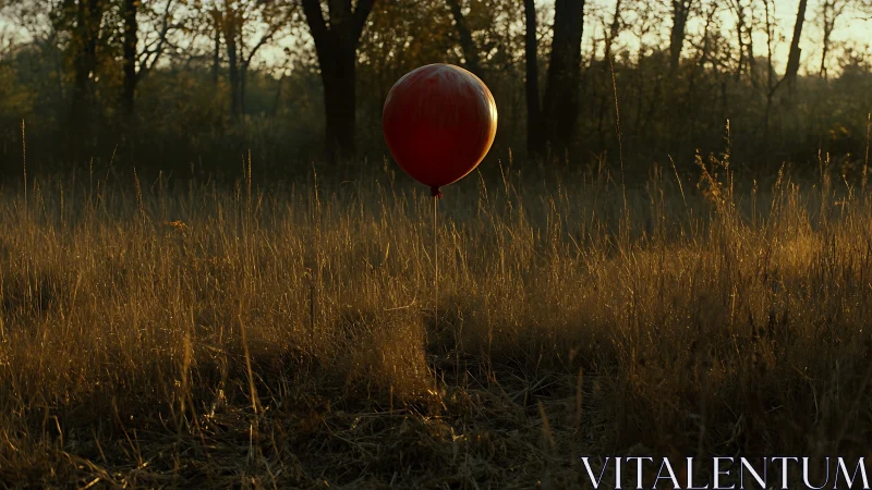 Solitary red balloon interrupts dusk-lit autumn grassland scene