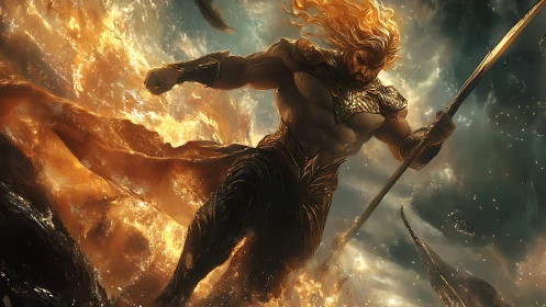 Stormforged sea guardian striding through molten waves.