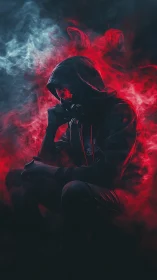 Hooded figure sits in red and blue smoke silhouette