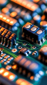 Macro view of electronic circuit board with components.