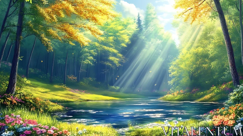 Sunlit woodland river rendered in luminous digital painting