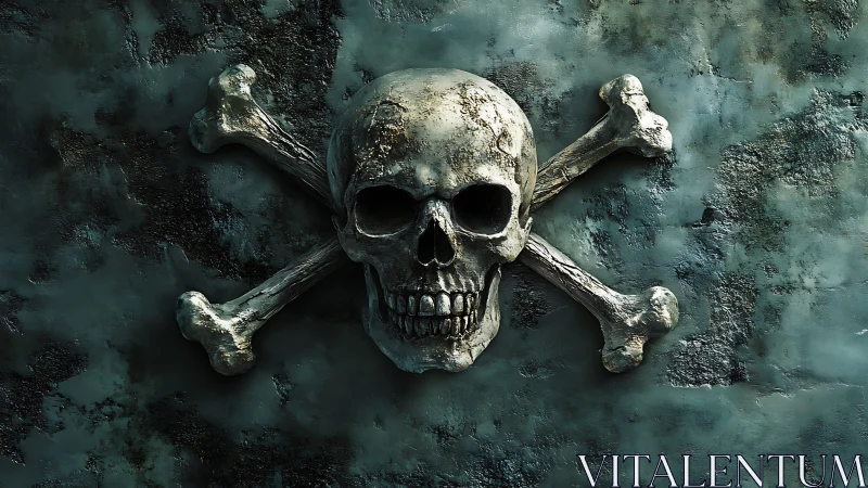 Weathered metallic skull and crossbones on corroded teal wall