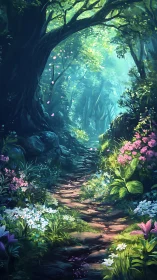 Forest path lined with flowering plants and sunlight filtering through canopy