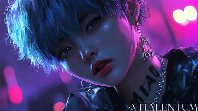 Neon-lit androgynous portrait in glossy cyberpunk lighting.