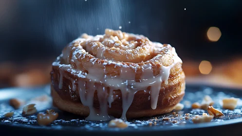 Glazed Cinnamon Roll with Powdered Sugar on Dark Surface