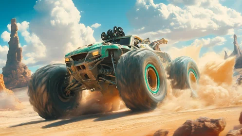 Turbo desert monster truck charging through sunlit dunes.