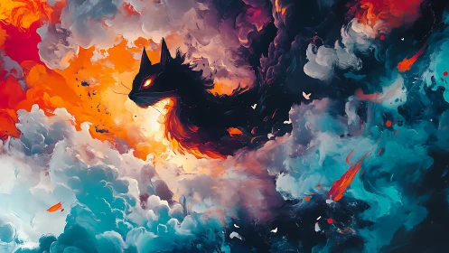 Fiery spectral cat silhouette emerges from swirling clouds