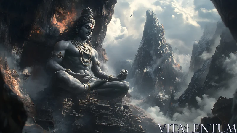 Colossal meditative deity integrated into eroded volcanic cliffs