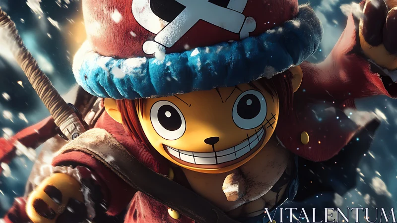 Dynamic pirate hero charging through swirling winter storm.