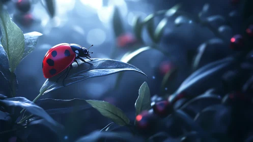 Photorealistic macro ladybug on leaf in nocturnal bokeh field.