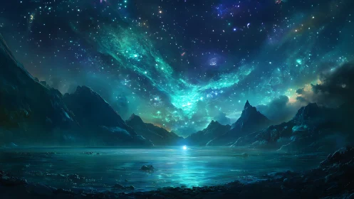 Mountain lake lies beneath luminous, star-dense night sky