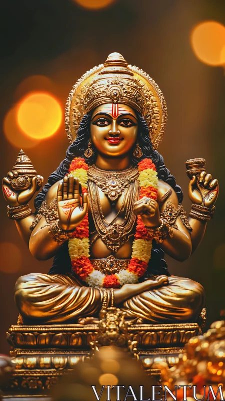 Polished brass deity sculpture under warm defocused bokeh lighting.
