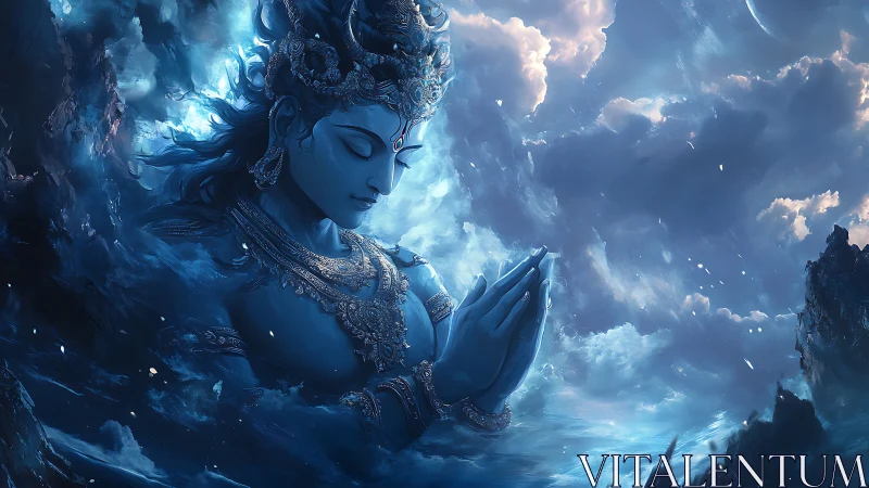 Serene blue deity rests in prayer within swirling starlit clouds