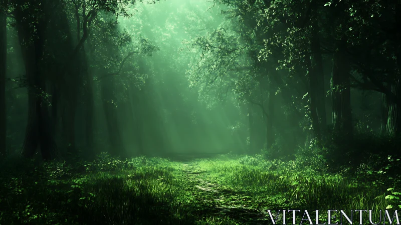 Ancient Forest Path with Ethereal Light Rays.