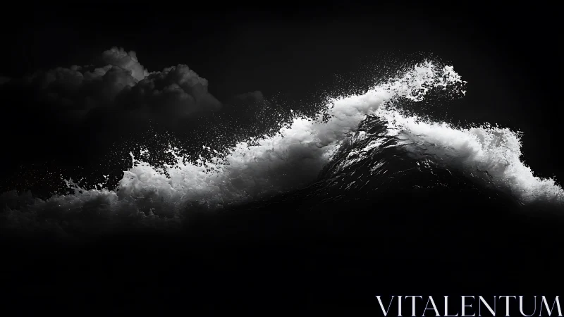 High-contrast ocean wave crest under dark sky at night.