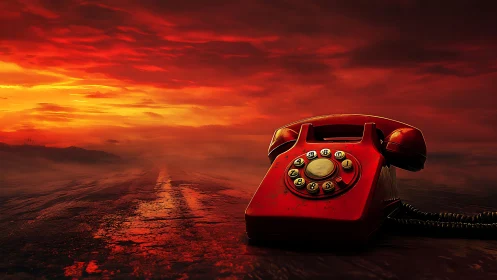 Vintage red rotary phone rendered against hyper-saturated sunset sky