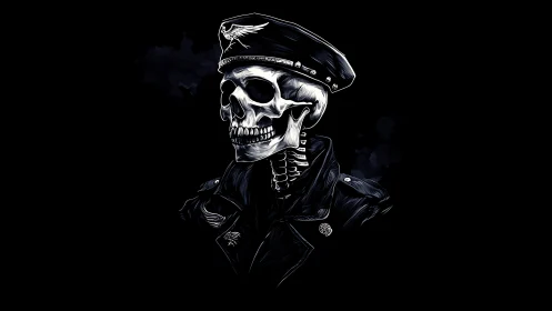 Skeleton in dark military-style uniform stares into black space