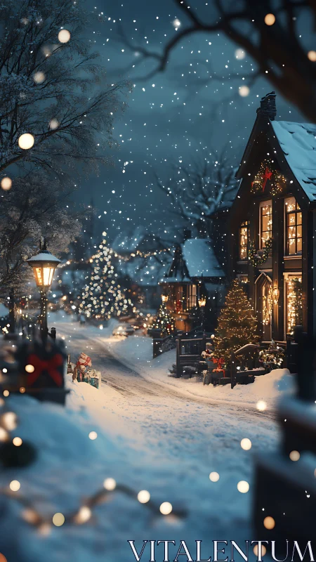 Snowy village street glowing with cozy holiday warmth.