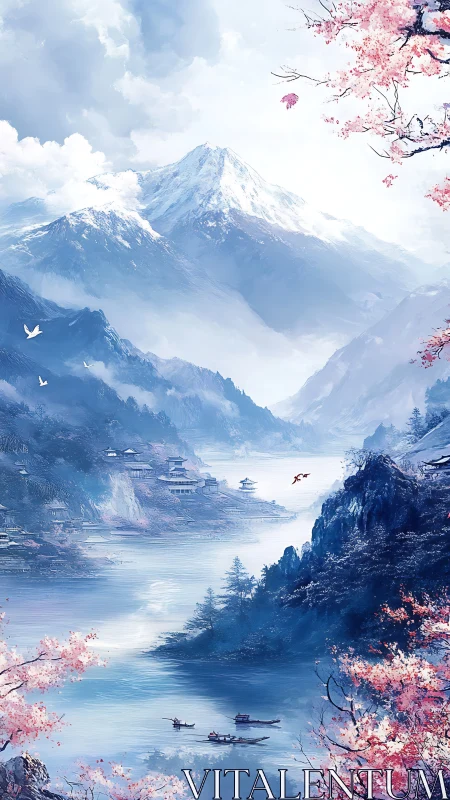 Snowcapped river valley with sakura trees and fishing boats