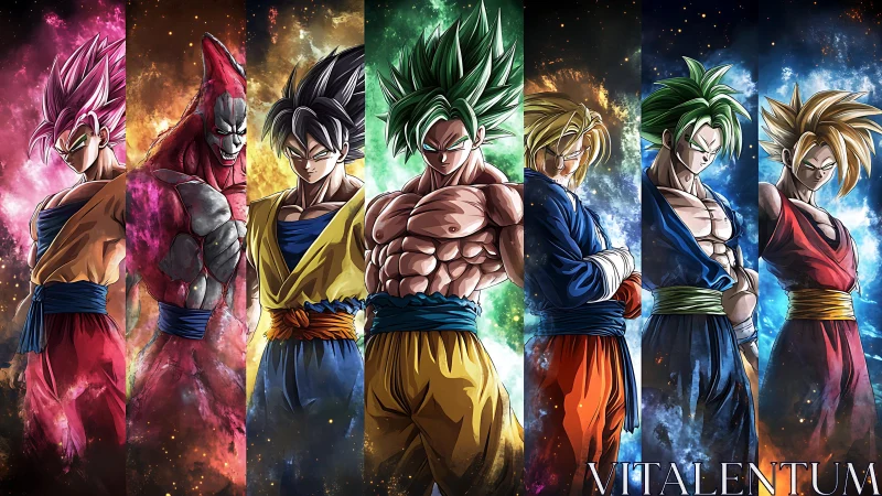 Saiyan warrior forms explode across cosmic nebula spectrum