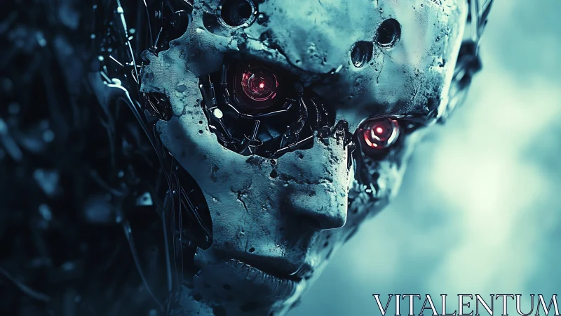 Cybernetic skull close-up reveals exposed red optic core