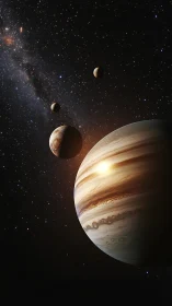 Jovian giant and moon ballet under a jeweled star sea.