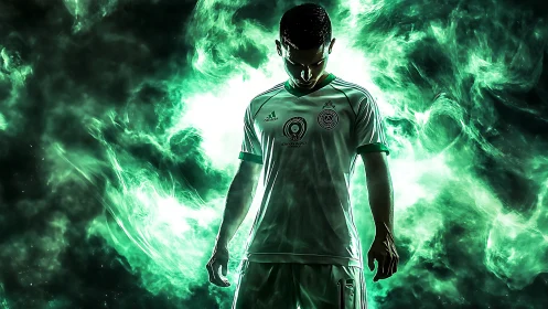 Glowing green soccer player silhouette in swirling smoke storm.