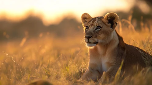 Young lion cub rests in golden savanna sunset light.