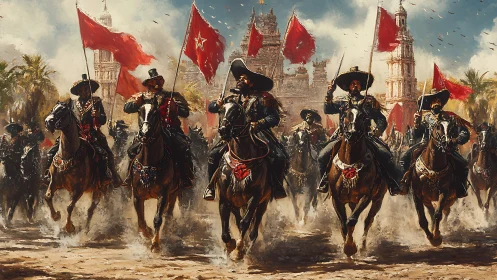 Cavalry charge before ornate palace with red battle standards.