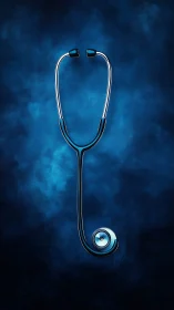 Minimalist chrome stethoscope on luminous blue haze background.