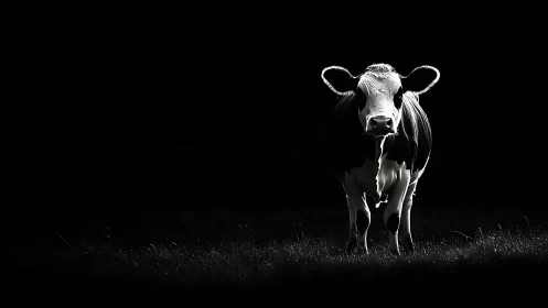 Gentle cow standing in moonlit field with quiet confidence.
