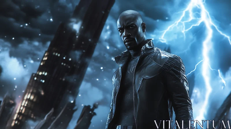 Storm-lit vigilante stands before ruined futuristic city