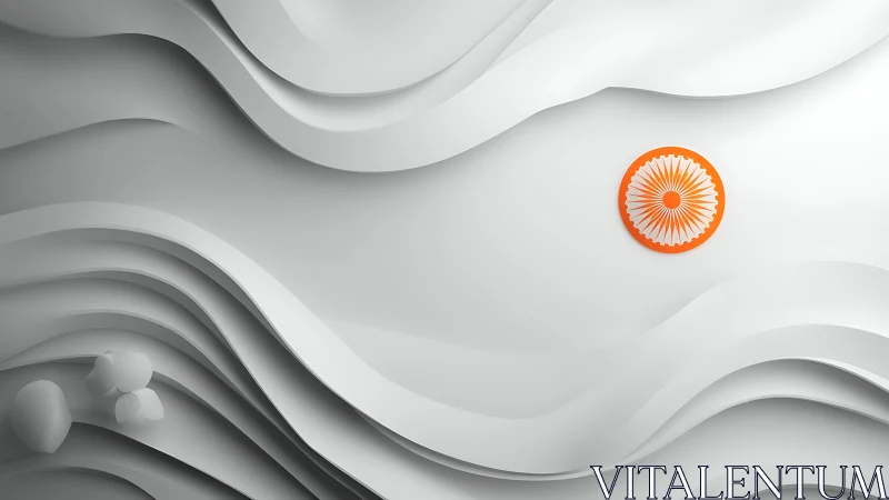 Minimalist white waves with orange radial emblem focal point.