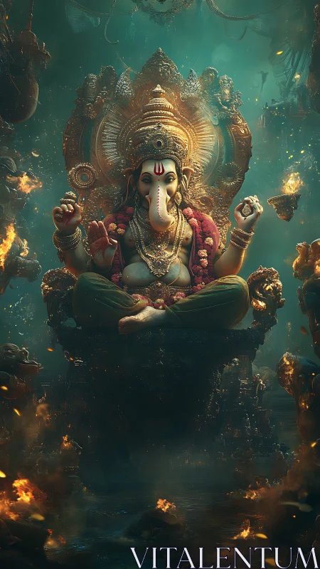 Ganesha enthroned in flame-lit cosmic waters of calm.