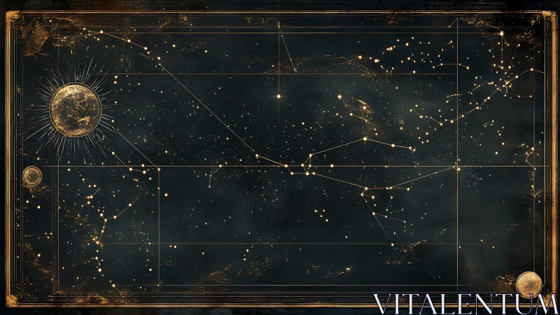 Celestial star map with golden constellations and planets