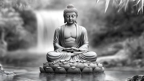 Buddha statue seated on lotus above calm water surface.