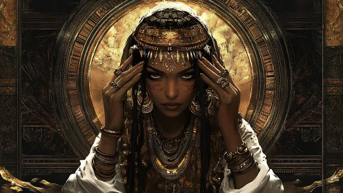 Golden-eyed mystic framed by radiant ancient circle.