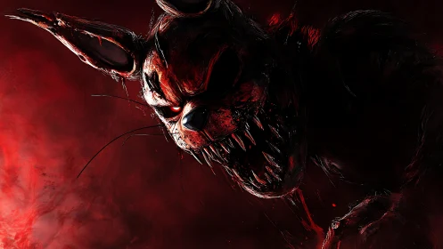 Monochrome red horror rabbit animatronic with serrated fangs emerges