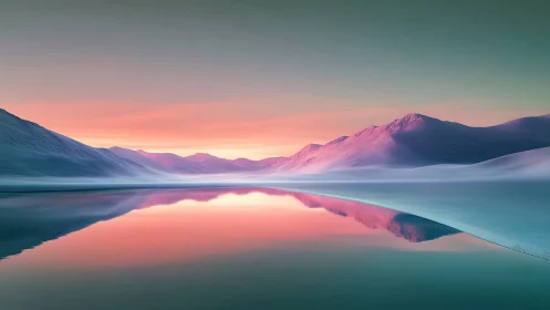 Serene pastel mountains mirrored on still reflective lake.