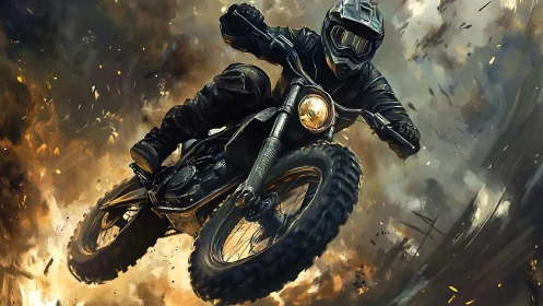 Enduro rider airborne amid explosive dust and dynamic debris