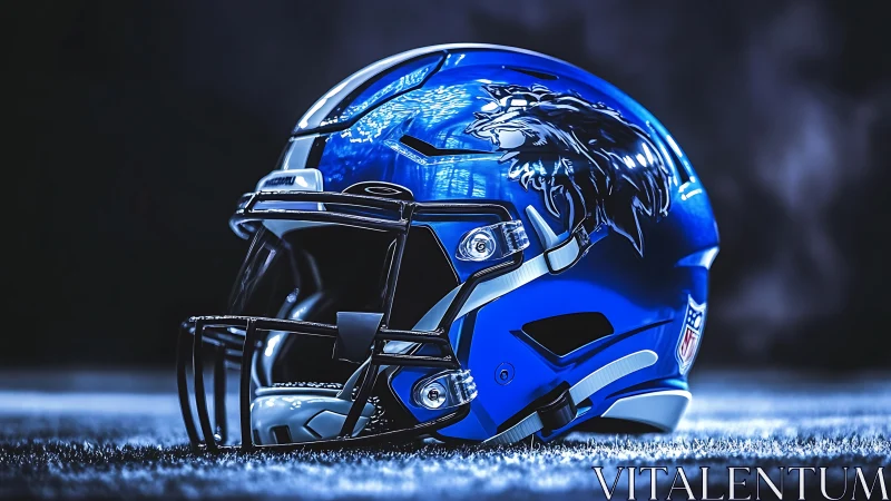 Blue football helmet with lion emblem on artificial turf.