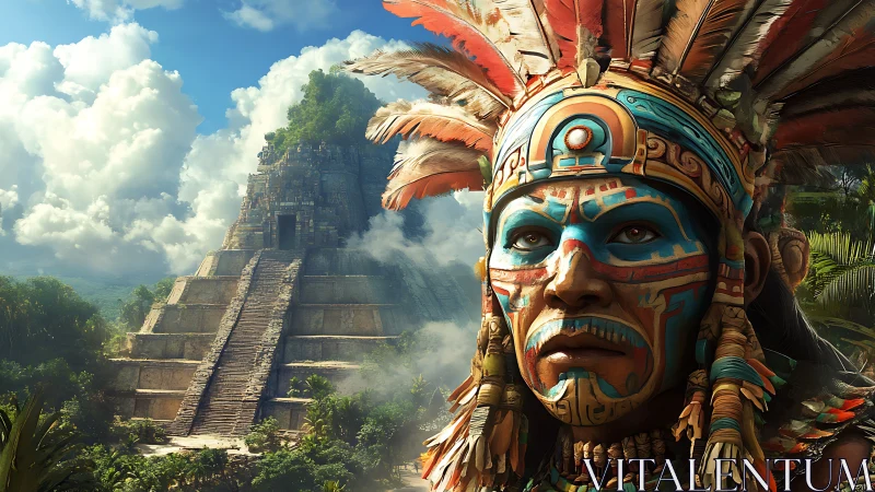 Colorful Mayan guardian watching over ancient jungle temple.