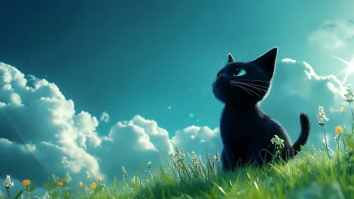 Black cat silhouette in natural field setting with turquoise sky.