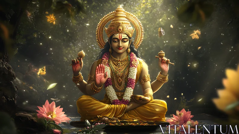 Golden Hindu goddess meditative portrait amid lotus bloom.