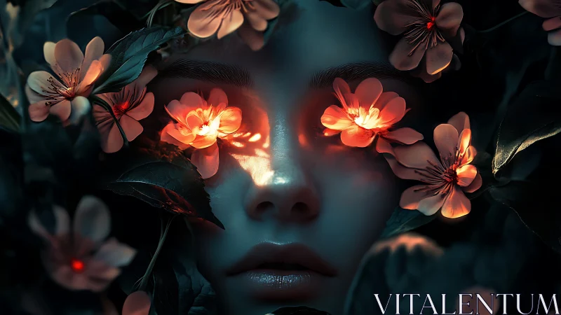Human face emerges from dark foliage with glowing flowers