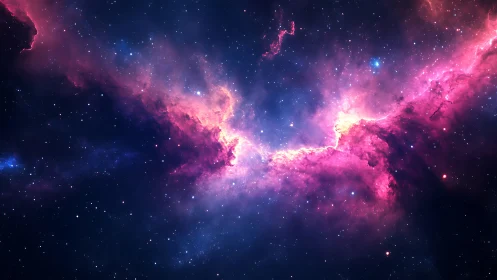 Nebula clouds glow in pink and blue across deep space.
