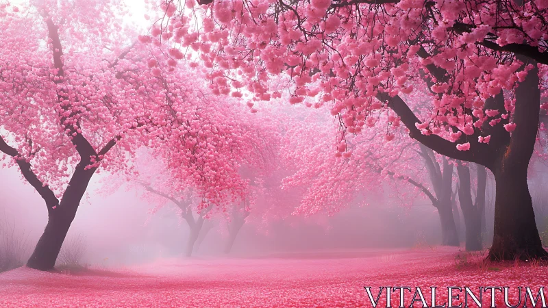 Cherry blossom walkway under soft atmospheric mist glow.
