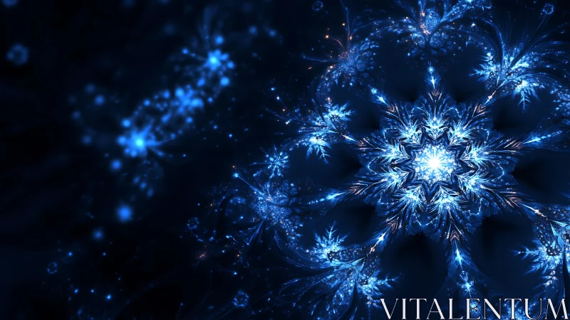 Radiant fractal snowflake blooming in deep cosmic blue.