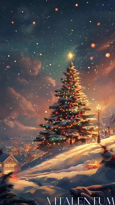 Snowy hilltop Christmas tree glows gently over the town