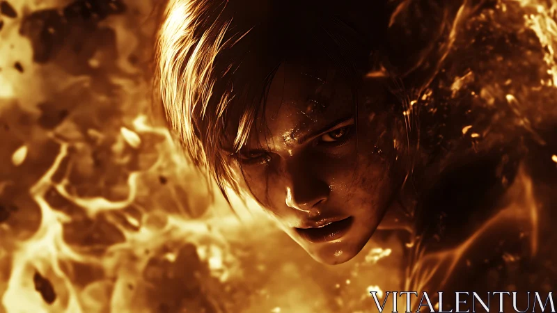 Intense digital warrior face emerging from swirling flames.